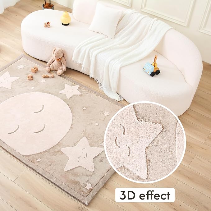 Premium Baby Playmat for Floor 80" x 110" moon&stars – Cloudsoft Coral Velvet Memory Foam Rug for Crawling – Non-Slip, Water-Resistant, Non-Toxic, Easy-Care Muscle Mat – Thick Play Mat for Baby