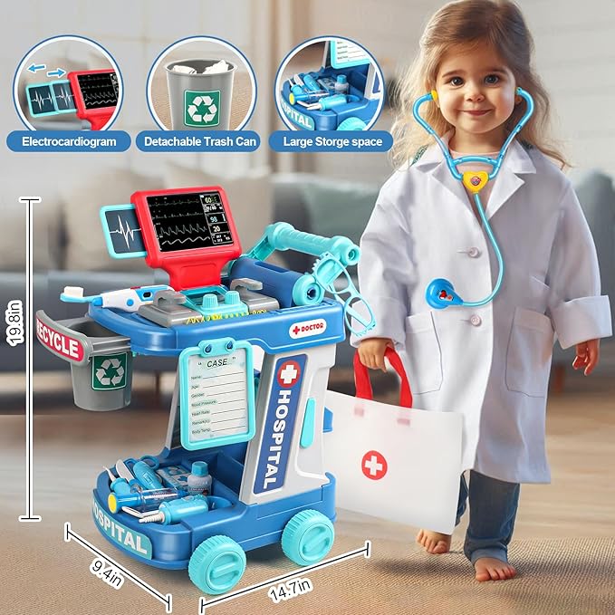 Doctor Kit for Toddlers 3-5 Fun Kids Doctor Play Set for 2 3 4 5 Year Old Girls Boys Dress Up Toys with Cart Costume and Stethoscope Dentist Vet Toddler Pretend Play Toys for Christmas Birthday Gifts