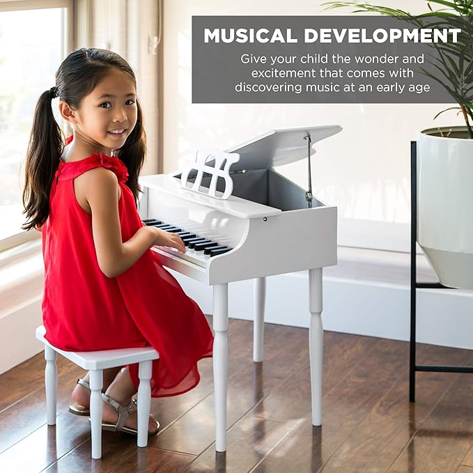 Best Choice Products Kids Classic Wooden 30-Key Mini Grand Piano Musical Instrument Toy w/ Piano Lid, Bench, Foldable Music Rack, Song Book, Note Stickers, Enamel Finish - White