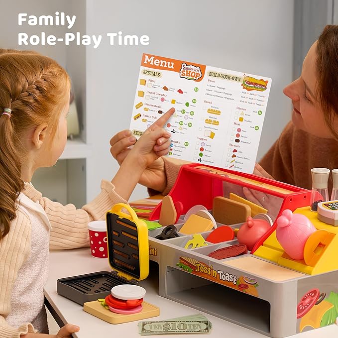 Play Restaurant Toy and Pretend Play Food for Kids, Play Kitchen Accessories Include Sandwich Maker Toy with Slicer for Ham, Menu and Ingredients, Food Toy for 3 4 5 6 Year Old Girls Birthday Gift
