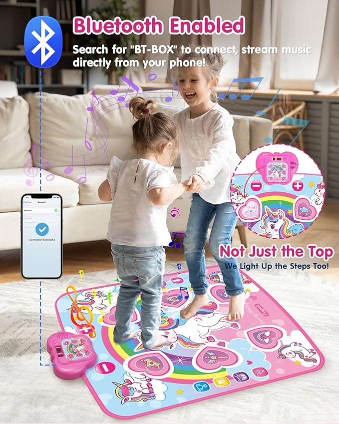 Unicorn Toys Dance Mat for Girls – Bluetooth Light-Up Musical Floor Mat with 4 New Game Modes, Adjustable Volume, 2025 New Gift for Girls Ages 3-12 Birthday & Christmas (Pink)