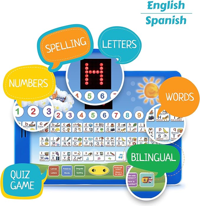 Boxiki kids Spanish-English Learning Bilingual Tablet Educational Toy with LED Screen Display. Learn Spanish and English with ABC Games and Spelling. Kids Love Our Interactive Educational Toys