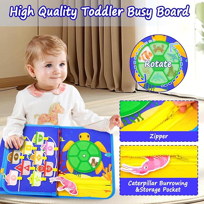 Busy Board, Ocean Toddler Busy Book Montessori Toys for 1 2 3 4 Year Old, Sensory Board Learning Activities Fine Motor Skills, Christmas Birthday Gifts for Girls Boys, Travel Toys for Airplane Car
