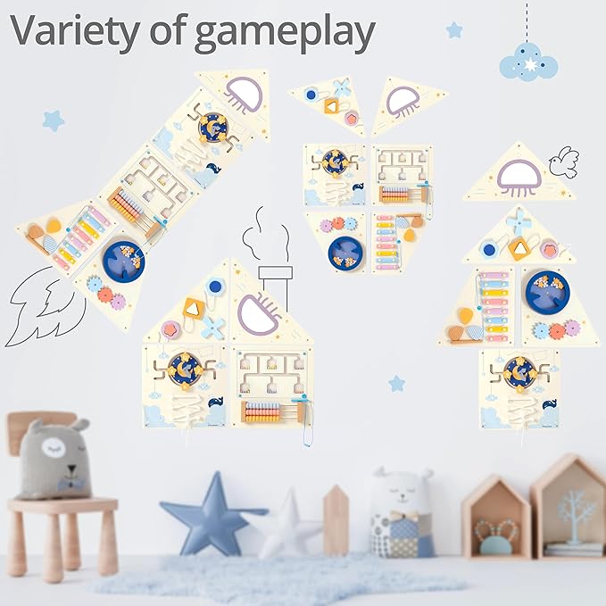 Tangram Activity Wall Busy Board Panels, 12-in-1 Learning Activity Center, Wooden Montessori Sensory Toys for Toddler Playroom, Nursery, Daycare, Classroom, Dentist Waiting Room