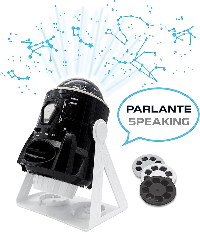 LEXiBOOK Speaking 2-in-1 Constellations and Images Planetarium Projector English/Spanish, 24 Images to Discover Space, 2 Constellation Domes, STEM, Black/White, NLJ181i2