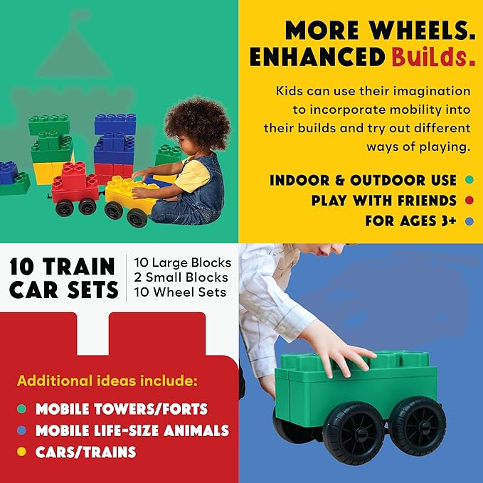 Big Building Blocks - Blocks and Wheels - Toddlers and Kids Ages 4-8 - Large Indoor Outdoor Games - 10 PC Wheel Set