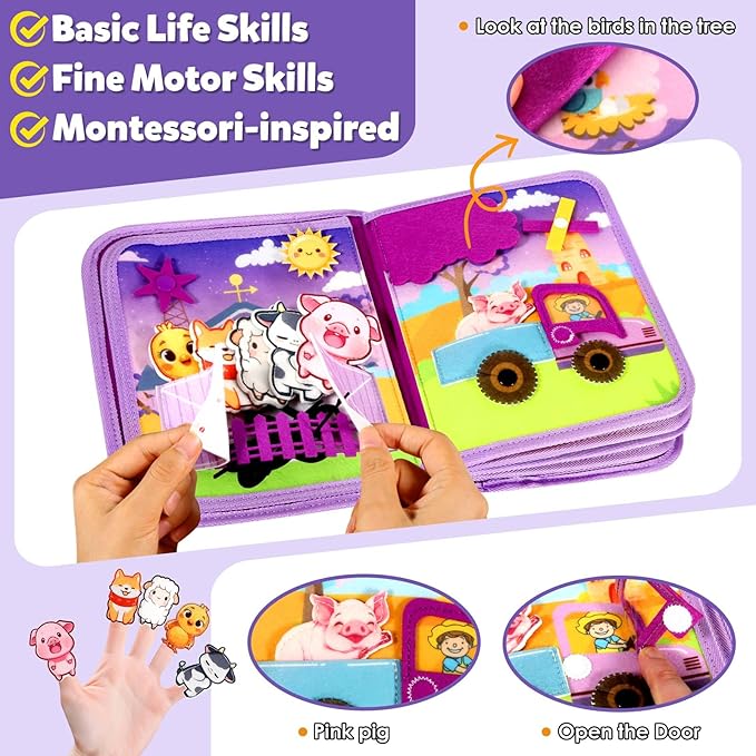 GOLIYEAN Montessori Busy Book for Toddlers 1-3, Busy Board Montessori Toys for 1 Year Old Girl Birthday Gift, Educational Learning Sensory Quiet Activity Books, Travel Toys for Airplane Car