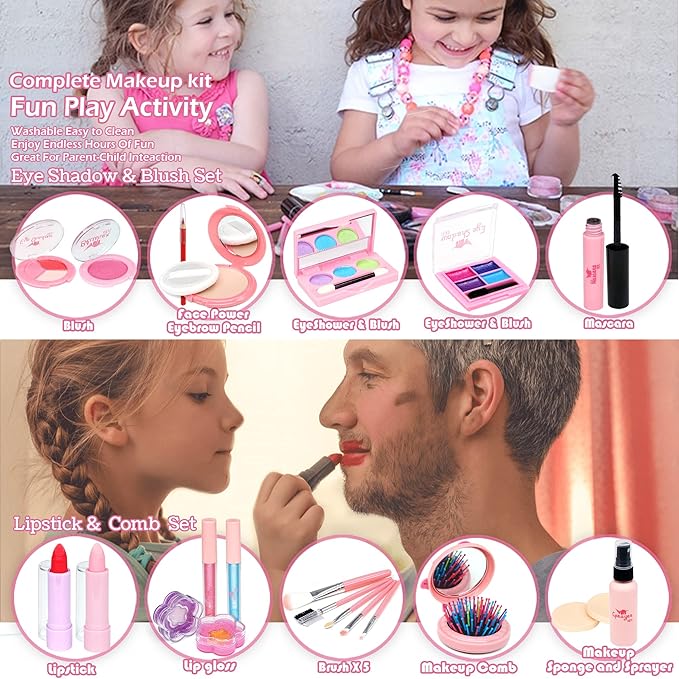 Kids Washable Makeup Girls Toys - Kids Makeup Sets for Girls 3-4, Real Makeup Kit Kid Make up Set for Children Princess Dress Up Christmas Birthday Gifts Toys for 3 4 5 6 7 8 9 10 11 12 Year Old Girl
