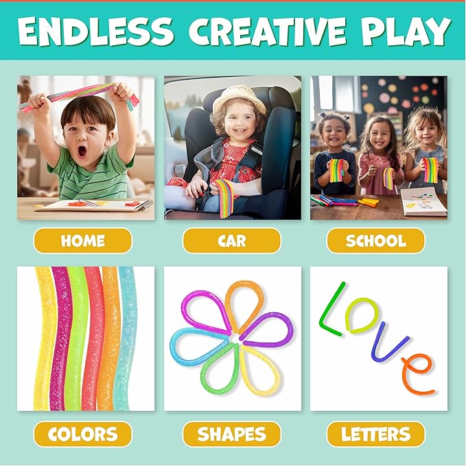 BUNMO Stocking Stuffers for Kids - Stretchy Sensory Strings - Sensory Toys for Kids - Stocking Stuffers for Boys and Girls - Hours of Fun - Glitter - 6 Pack