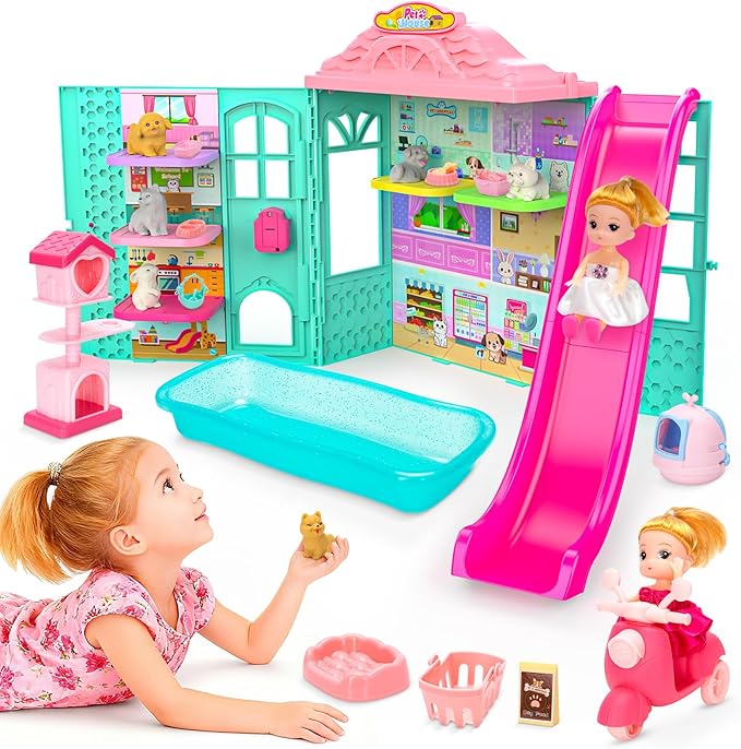 Foldable Pets Dollhouse Toy Play Set, Doll House of Pets with 31+ Accessories Includes Dolls, Motor, Pool, Little Pets, Slide and Sounds, Pretend-Play Toddler Playhouse Ideal Gift for Children aged 3+