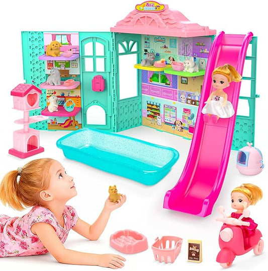 Foldable Pets Dollhouse Toy Play Set, Doll House of Pets with 31+ Accessories Includes Dolls, Motor, Pool, Little Pets, Slide and Sounds, Pretend-Play Toddler Playhouse Ideal Gift for Children aged 3+