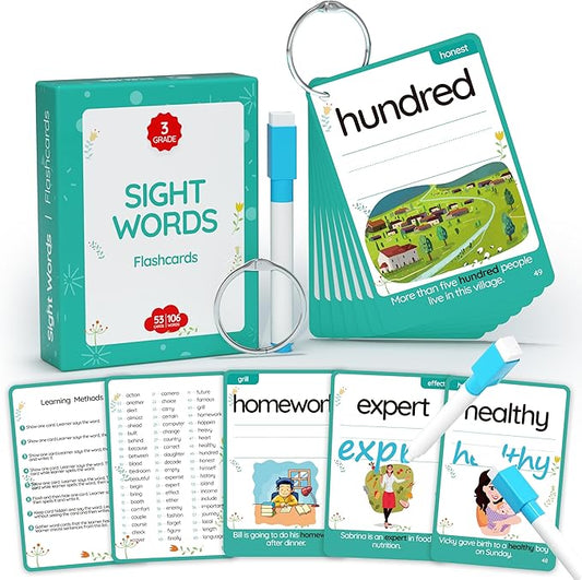 WJPC 55pcs Cards, 106Pictures High Frequency Sight Words Flash Cards 2nd, 3rd Grade (Third-Grade) for 7,8,9,10,11 Years Age Kids Homeschool Learn to Read, Write,Association, Sentence Making