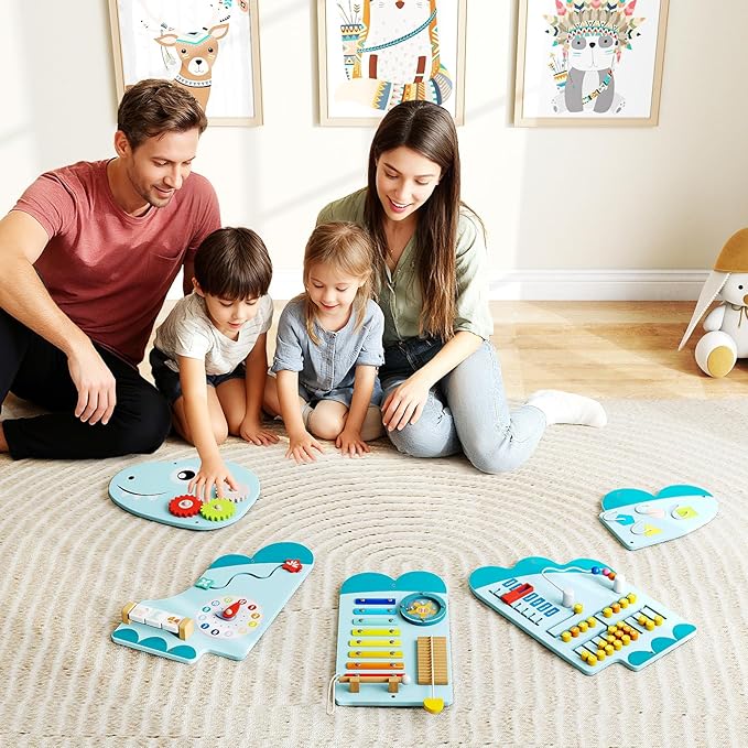 GLACER Dinosaur Wall Busy Board Panels, 11-in-1 Wooden Learning Activity Center for Early Education, Wall-Mounted Montessori Sensory Toddler Toys for Playroom, Daycare, Nursery (Blue)