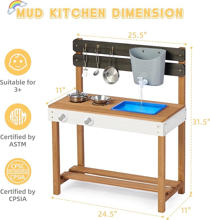 Kid's Wooden Play Kitchen, Outdoor Mud Kitchen with Water Play Set and Cooking Toys, Backyard Play for 3+ Years Kid