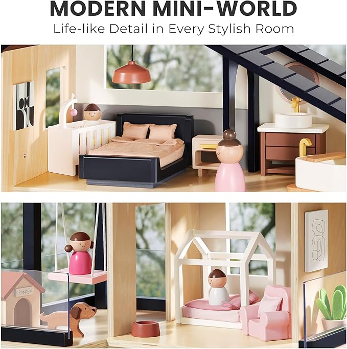 Tiny Land Doll House, Modern Family Dollhouse with Realistic Design, Wooden Dollhouse with 53Pcs Furniture - Ideal Gift for Kids Ages 3+