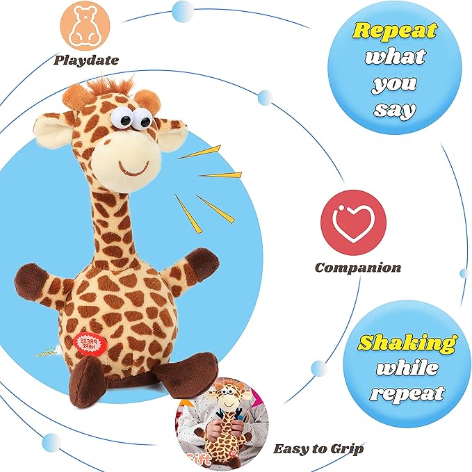 Hopearl Talking Giraffe Repeats What You Say Shaking Head Electric Interactive Animated Toy Speaking Plush Buddy Gift for Toddlers, 9.5''