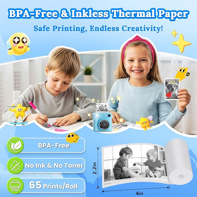 Instant Print Camera for Kids, Kids Cameras Ages 3-12, Digital Toy for Girls & Boys, Christmas and Birthday Gift, Portable HD Video Recorder with 32GB SD Card (Blue)