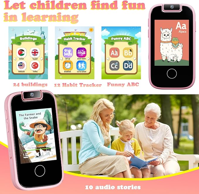 PTHTECHUS Kids Phone Toys for Girls Boys - Toddler Touchscreen MP3 Music Player with Dual Camera, Habit Tracker, Games, Alphabet, Educational Learning Toys Birthday Gifts for 3-7 with SD Card Pink