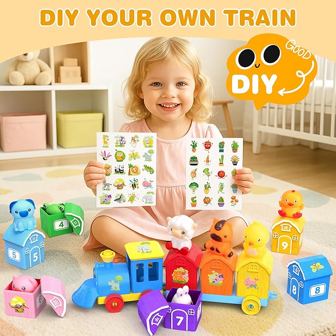 Montessori Toys for Toddlers 1 2 3 Years Old, Farm Animal Train Set with Counting Matching Sorting Activities 9 Barns, 10 Finger Puppets, 2 Stickers-Learning Toys for Baby Boys Girls, Preschool Gift