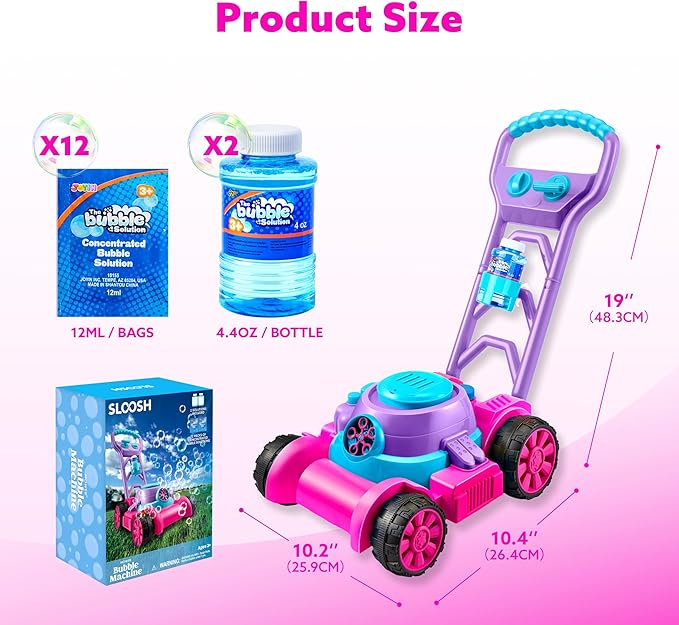 SLOOSH Bubble Lawn Mower Toddler Toys - Spill-Proof Bubble Machine Pretend and Play Toy for Toddler Age 1 2 3 1-3 Year Old Indoor Outdoor Use, Push Toys Baby Girl Xmas Christmas Birthday Gifts (Pink)