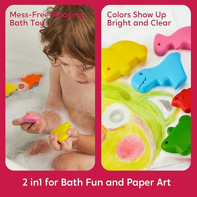 SYNCFUN 100% Pure Large Beeswax Crayons, Bath Crayons Bath Toy for Kids, Easy to Hold & Mold Free Bathtub Toys for Shower, Toddler Art Supplies, Gift for Christmas (Dinosaur Theme, 12 Colors)