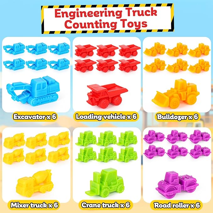 Counting Construction Vehicles Color Sorting Matching Games for Toddlers 3-5, Preschool Educational Learning Fine Motor Counting Transportation Matching Classroom Sensory Table Toys for Boys Girls
