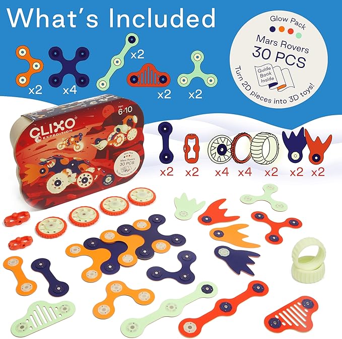 Clixo Mars Rover Pack - Glow-in-The-Dark Wheels Magnetic Building Toy - 30 Flexible Magnet Pieces for Galactic Exploration & Adventure. Award-nominated STEM Toy. Kids Gift & Travel. Ages 6+ [New]