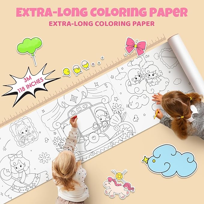 Jar Melo Princess Coloring Roll for Kids -Sticky No Mess Coloring Poster for Toddlers, 118×15.74 Inches Large Coloring Tablecloth, Drawing Paper for Kids' Easel Ideal Gifts for Home Birthday Party