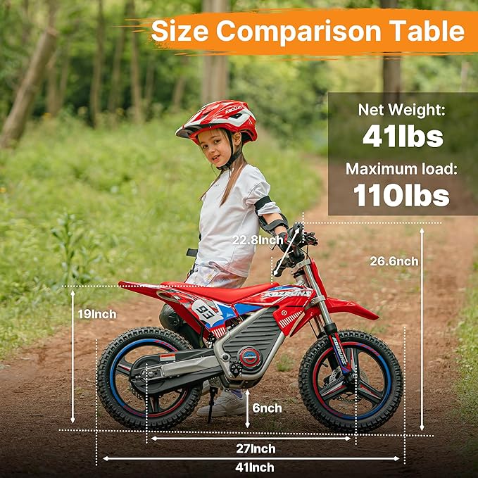 Electric Dirt Bike for Boys Girls Ages 5-10, 350W High Racing Competition Grade Motorcycle, Up to 18MPH 3 Speed Settings Balance Bike, 14IN Off-Road Tires Advanced Shock Absorption, Orange