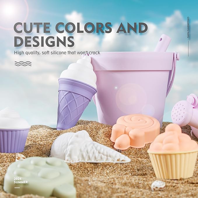 MarcZero 17Pcs Silicone Beach Toys,Modern Baby Beach Toys,Travel Friendly Beach Set,Silicone Bucket, Watering Can, Shovel, 12 Sand Molds, Beach Bag,Silicone Sand Toys for Toddlers, Kids (Purple)