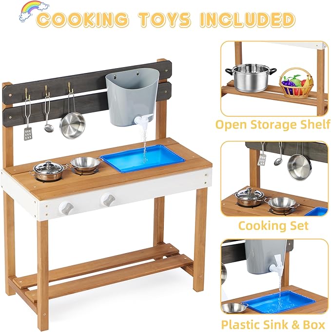 Kid's Wooden Play Kitchen, Outdoor Mud Kitchen with Water Play Set and Cooking Toys, Backyard Play for 3+ Years Kid