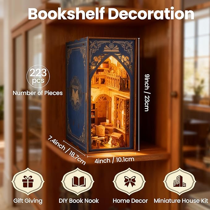 Book Nook Kit - DIY Miniature House Kit for Adults, Dollhouse Booknook Tiny House Bookshelf Decor 3D Wooden Puzzle Street Model, Ideal Gift for Book Lovers, Family, Friends (Salton's Retro Bookstore)