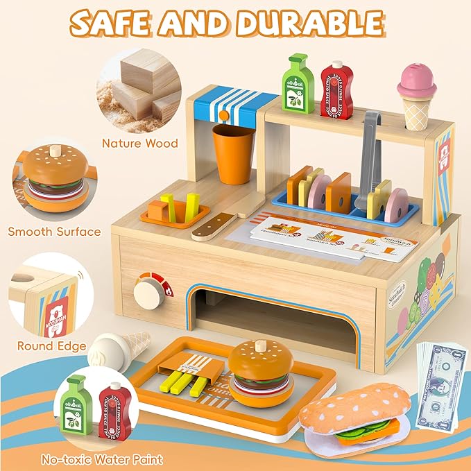 Wooden Play Food Sets Sandwich Counter with Storage, 56 Pcs Foldable Pretend Play Kitchen Food Toy, Burger, Ice Cream, Fries, Play Money, Kids Play Store Boy Girl Birthday Gift for Toddlers Ages 3+