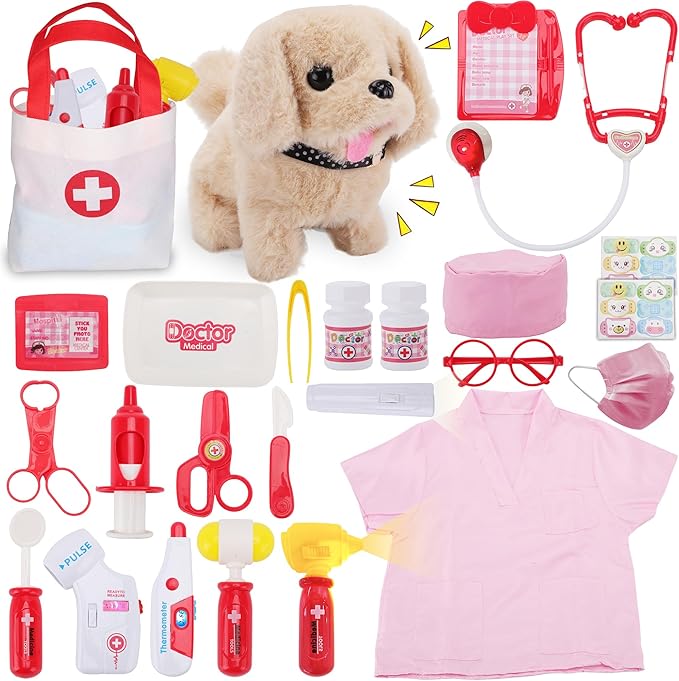 TEUVO Toy Doctor Kit for Girls - Pretend Play Doctor Sets with Dog Toy, Carrying Bag, Stethoscope Toy & Dress Up Costume - Doctor Play Gifts for Kids Toddlers Ages 1 2 3 4 5 6 7 Year Old for Role Play