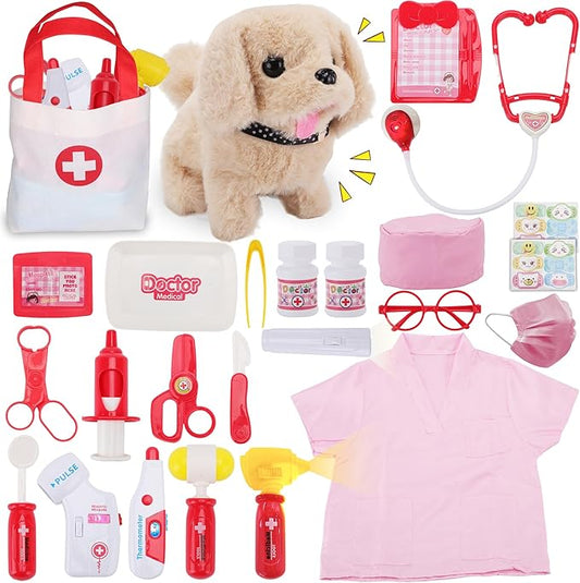 TEUVO Toy Doctor Kit for Girls - Pretend Play Doctor Sets with Dog Toy, Carrying Bag, Stethoscope Toy & Dress Up Costume - Doctor Play Gifts for Kids Toddlers Ages 1 2 3 4 5 6 7 Year Old for Role Play