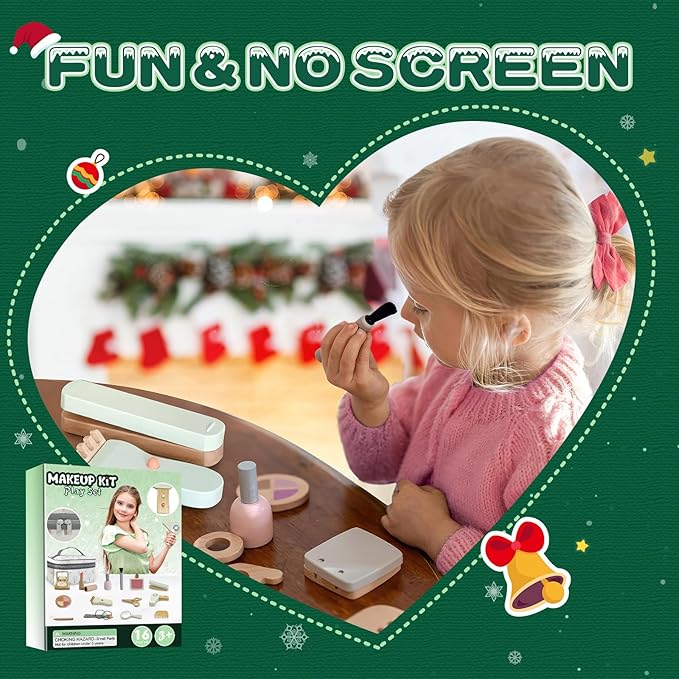 Wooden Makeup Toy Set, Pretend Play Wood Beauty Salon Playset for Girls, Wood Makeup Kit with Cute Fake Makeup Set Gift for Toddler 3 4 5 6 7