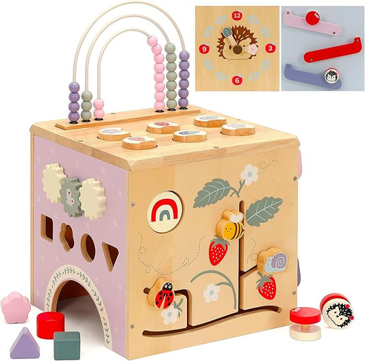 Large Activity Cube, Wooden Play Cube with 8-in-1 Activity Center, Baby Multipurpose Montessori Toy Activity Learning Cube Toy, Early Developmental Learning Toys for Baby Age 12M+