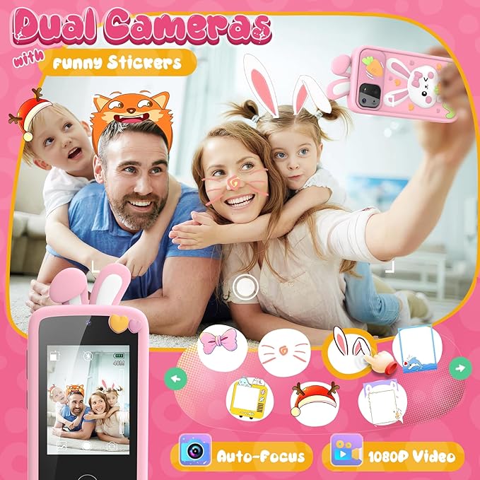 Luyiilo Kids Smart Phone Toys for Girls,Easter Gift for Kids Toys for 3-9 Girls Mini Smart Phone Toys with 2.8" Touchscreen 16 Learning Games Dual Camera Music Player, 8G SD Card