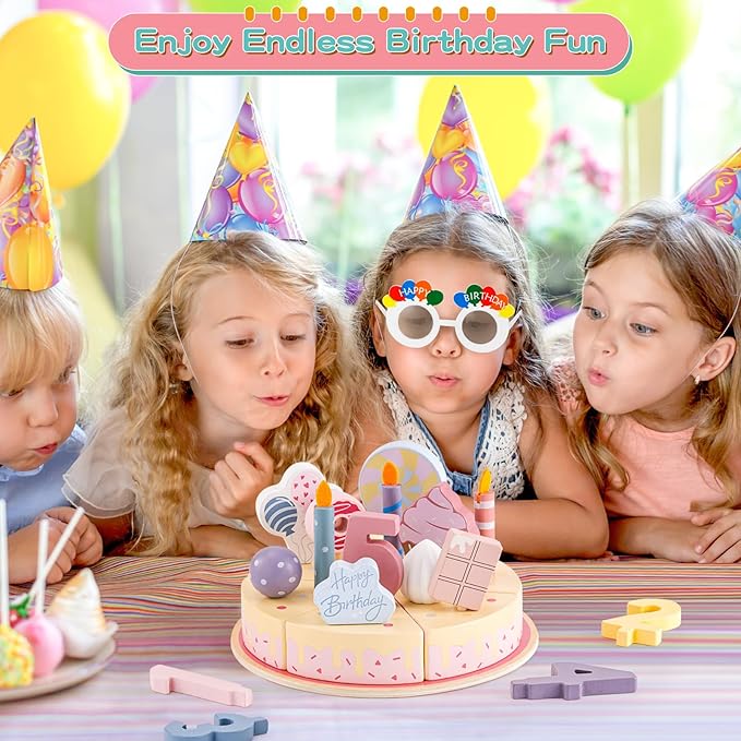 Birthday Party Cake Toys, Wooden Play Food Set for Kids Toddlers, Play Kitchen Toys for Boys Girls, Educational Toys
