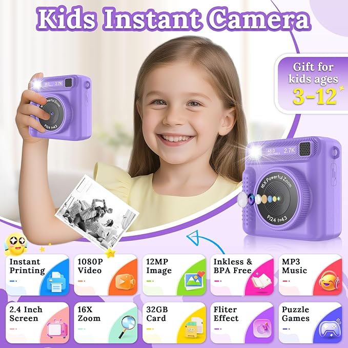 Kids Camera Instant Print, HD Digital Video Recorder with 32GB SD Card, Gifts for 3-12 Year Old Girls and Boys, Portable Toy for Toddlers and Kids(Purple)