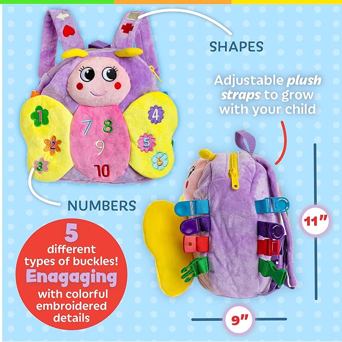 Buckle Toys Blossom Butterfly Toddler Backpack with Buckles and Toddler Learning Activities and Sensory Toys for Toddlers 1-3, Travel Essentials & Road Trip Activities for Fine Motor Skill Development