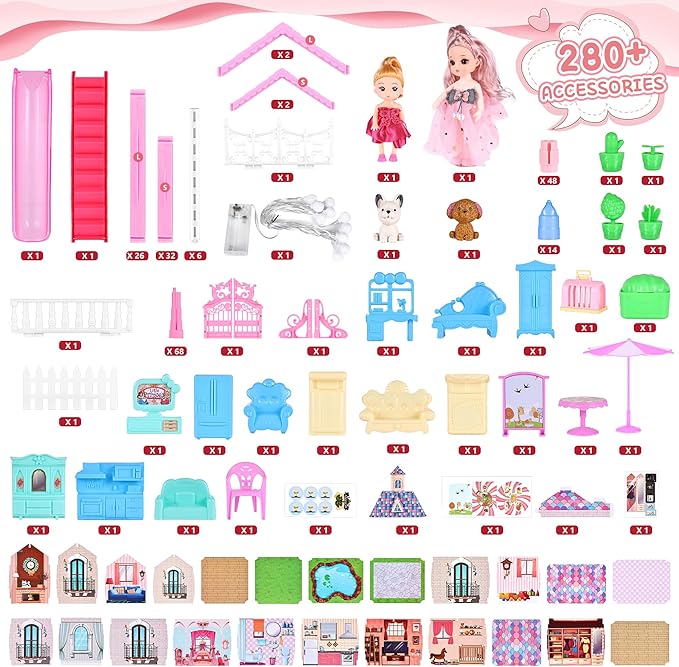 13 Rooms Doll House for Girls, DIY Play House Toys with Dolls Figure, Puppies,Furnitures, Glow-in-The-Dark Accessories, LED Light, Kids Doll House Gift Toy for Kids Ages 3 4 5 6 7 8+