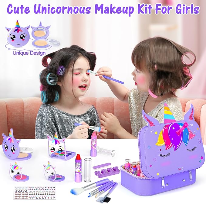 Kids Makeup Kit for Girl - 2 in 1 Kids Washable Makeup Toys & Nail Art Kit with Nail Dryer and Storage Case, Real Girl Makeup Set Birthday Gifts Toys for 3 -12 Year Old Girls, Purple