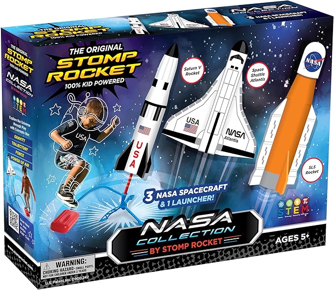 Stomp Rocket Space Collection Rocket Launcher for Kids, 3 NASA Rockets - Backyard & Outdoor Fun Toy Gift for Boys & Girls - STEM Soft Foam Blaster Set Soars Up to 100 Feet - Ages 5 & Up