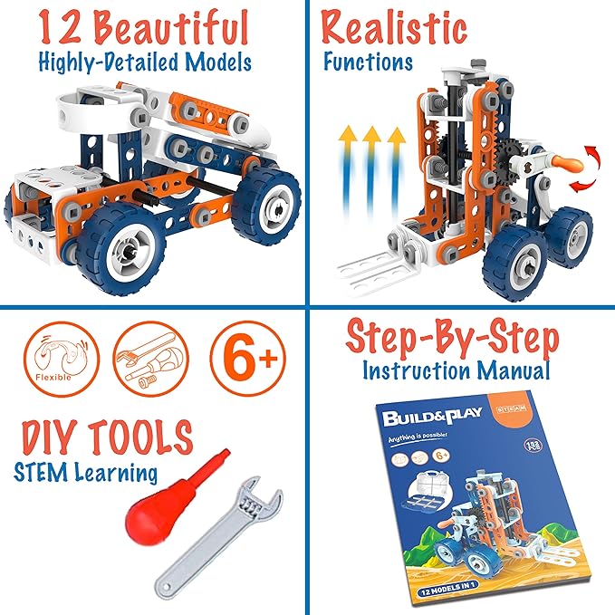 MOBIUS Toys 12-in-1 STEM Construction Kit - 152-Piece Building Set for Kids Ages 4-12 - Educational Engineering Toy for Boys & Girls to Build Cars, Trucks, Motorcycles & More, Creative Learning Gift