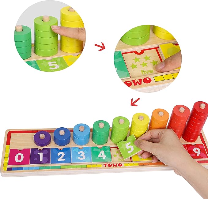 TOWO Wooden Stacking Rings and Counting Games with 45 Rings Number Blocks- Counting Ring Stacker-Wooden Sorting Counting Toy for 3 Years Old Kids Maths Learning Montessori Materials