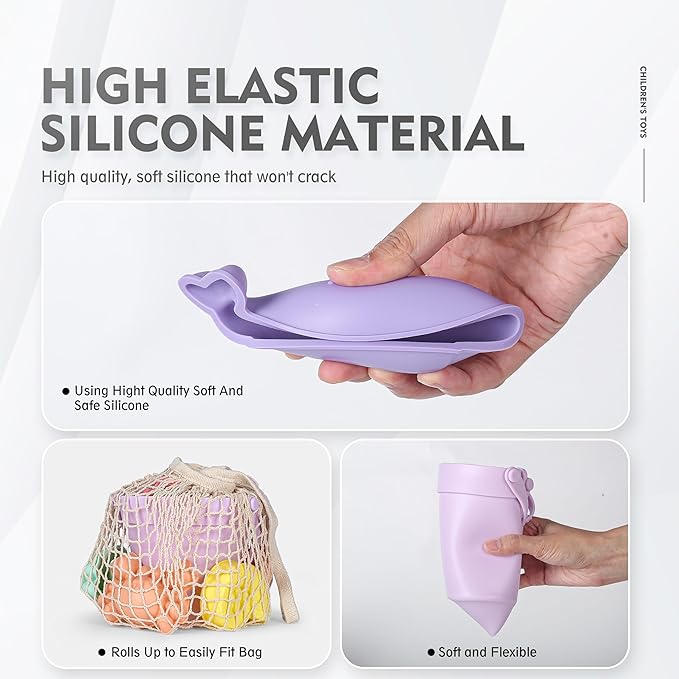 MarcZero 11Pcs Silicone Beach Toys,Modern Baby Beach Toys,Travel Friendly Beach Set,Eco Friendly Toy,Silicone Bucket, Shovel, 8 Sand Molds, Beach Bag,Silicone Sand Toys for Toddlers, Kids (Purple)