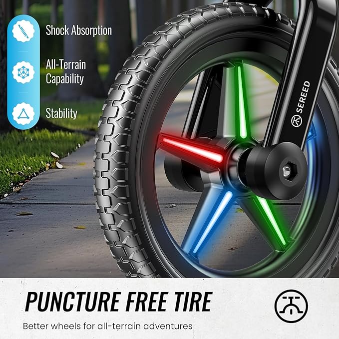 SEREED Toddler Balance Bike 2 Year Old, No Pedal Kids Bicycle Toys for 2-5 Years Old, Tool-Free Adjustment, Customize Plate with Stickers, Gift for 2-3 Boys Girls (Black Lighting)