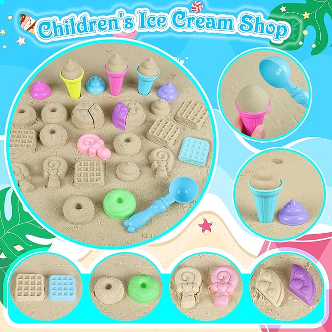 Collapsible Beach Toys for Kids Toddlers, 3 Foldable Buckets and Shovels Set, Sand Castle Building Kit, Ice Cream Travel Sand Toys for Sandbox & Mesh Bag, Beach Essentials for Boys Girls Age 3-10