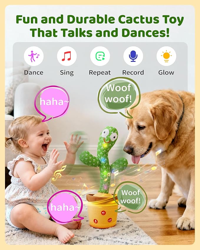 Rechargeable Dancing Talking Cactus Toy for Baby Toddler, Boys Girls Gifts Singing Mimicking Toys Recording Repeating What You Say with 120 English Songs